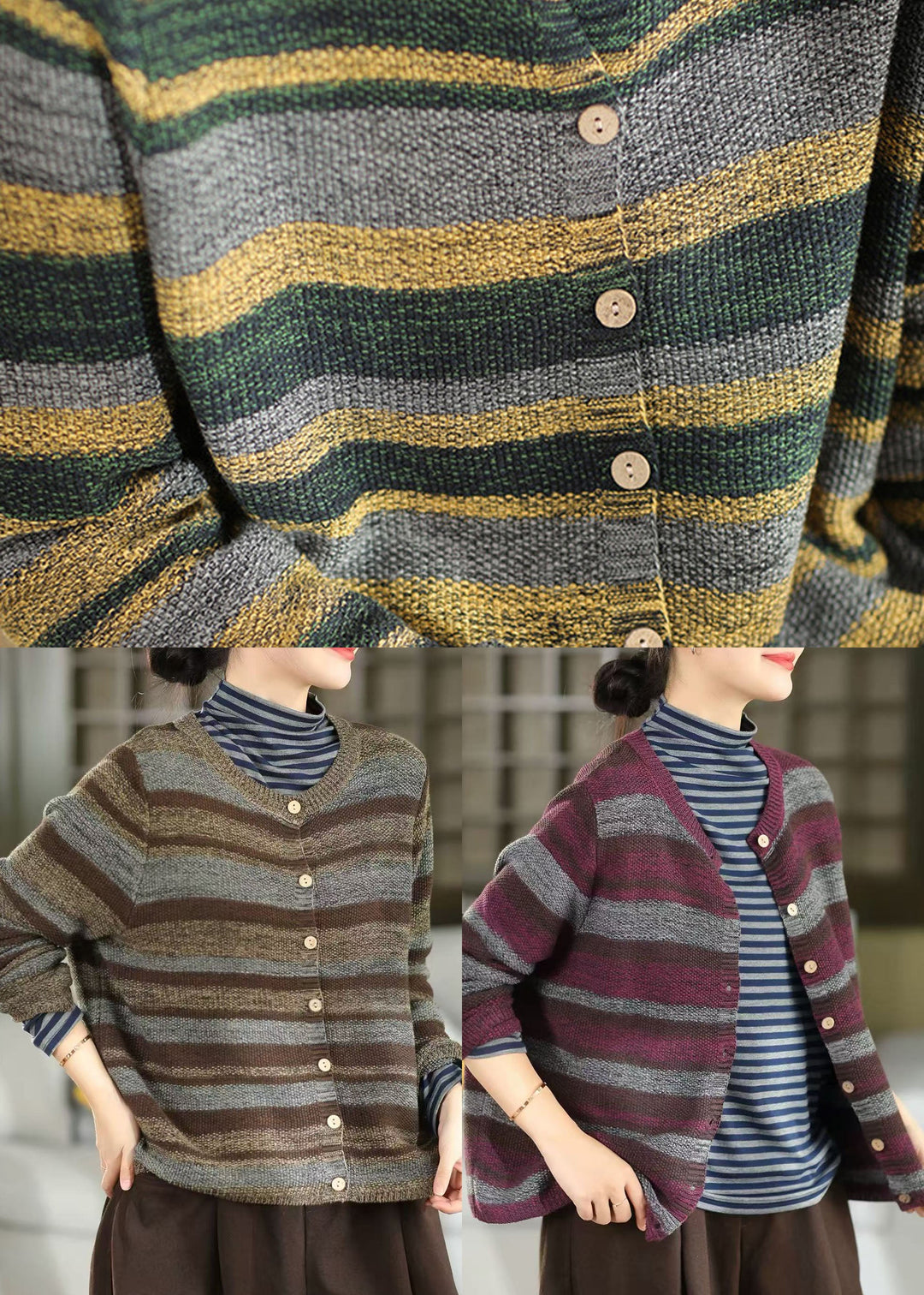 Natural Green Oversized Striped Knit Cardigan Winter