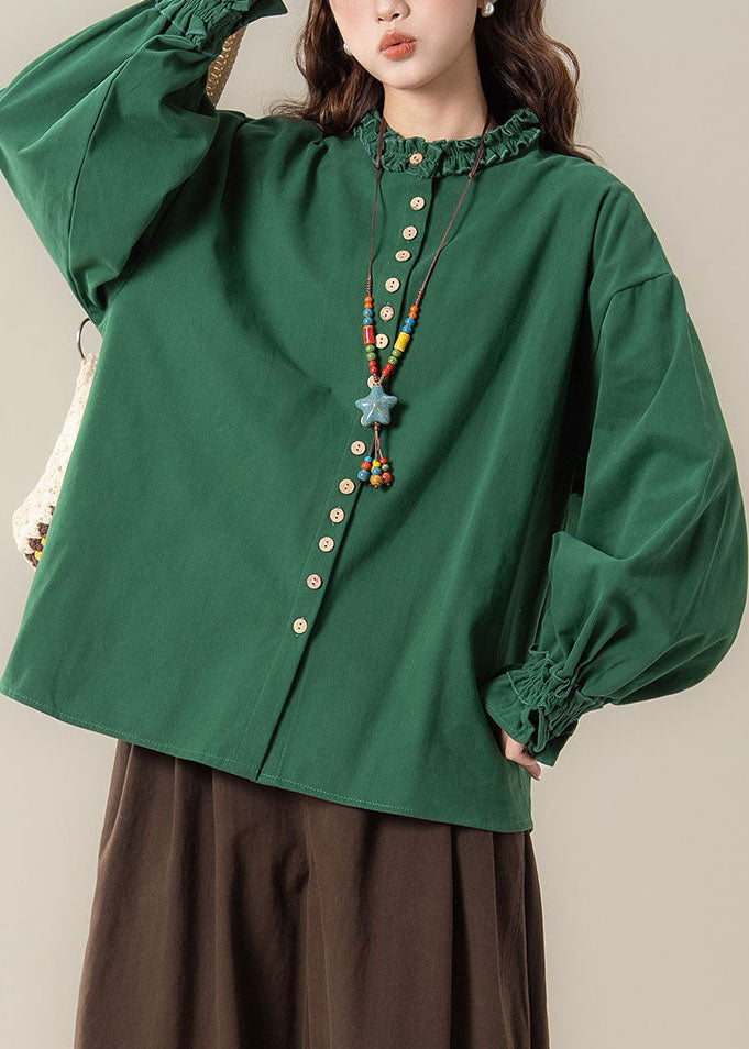 Natural Green Patchwork Button Solid Shirt Fall
