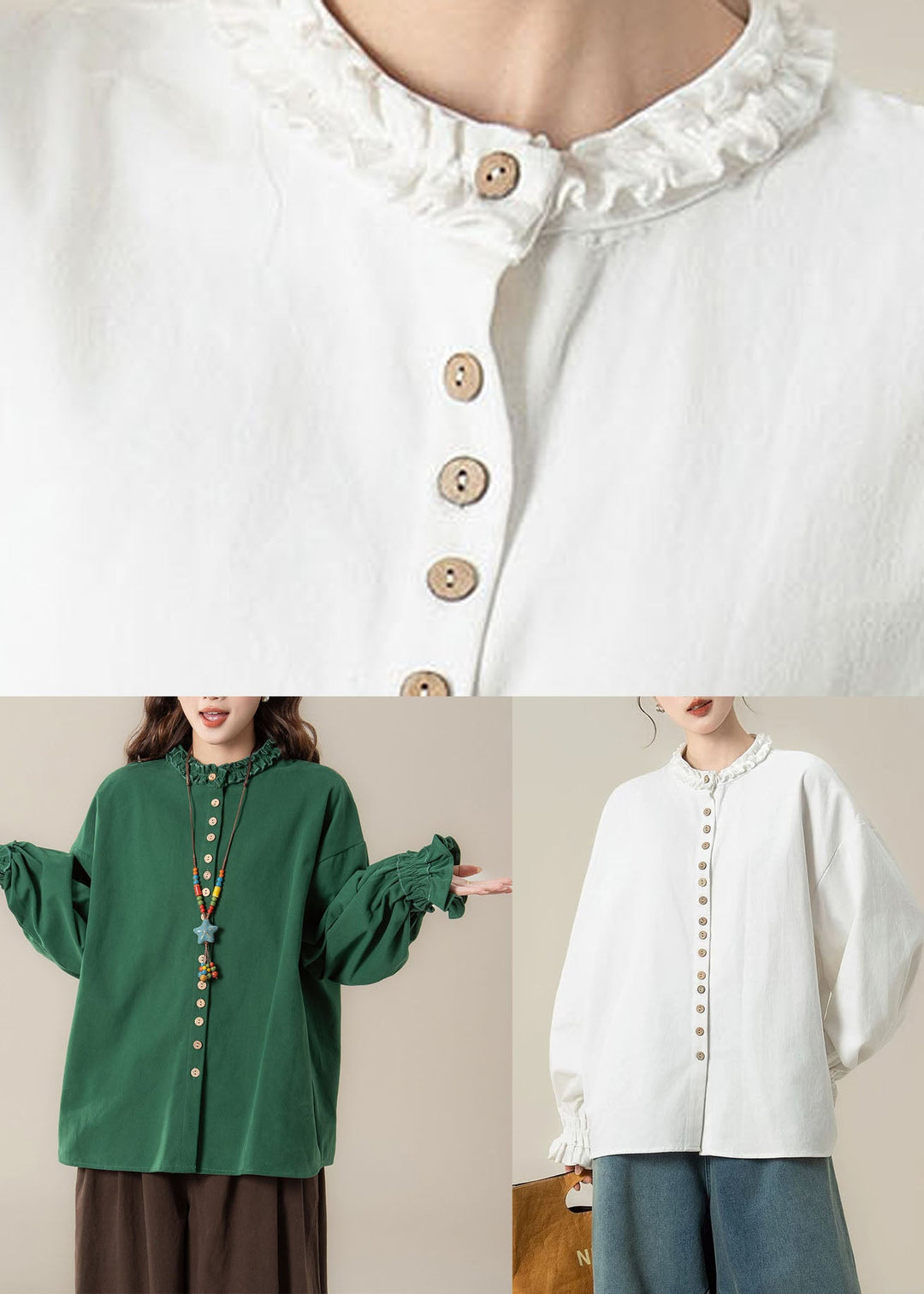Natural Green Patchwork Button Solid Shirt Fall