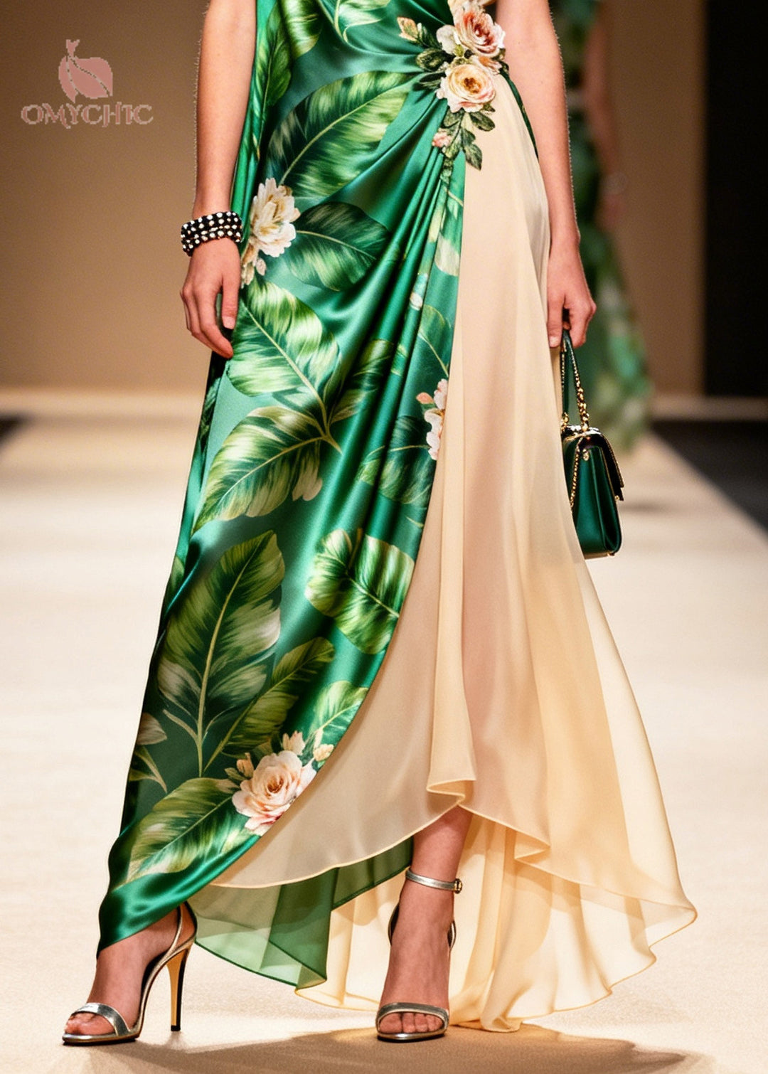 Natural Green Patchwork Flower Chiffon Vacation Dresses Sleeveless