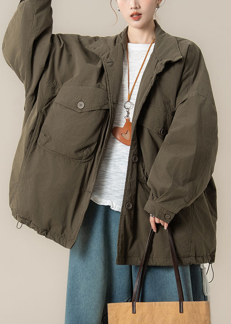 Natural Green Peter Pan Collar Drawstring Button Parka Winter