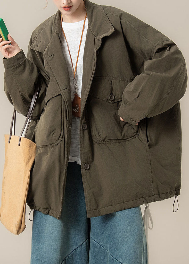 Natural Green Peter Pan Collar Drawstring Button Parka Winter