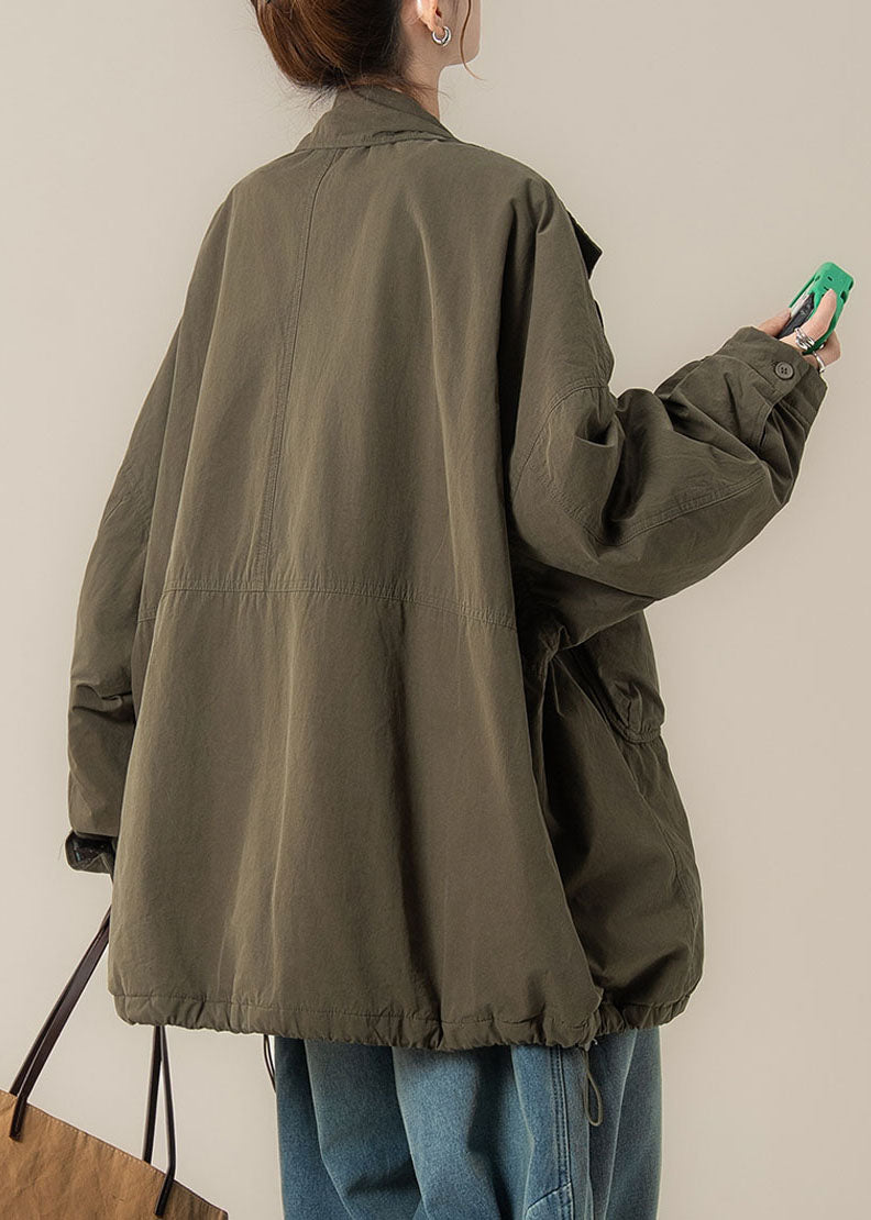 Natural Green Peter Pan Collar Drawstring Button Parka Winter