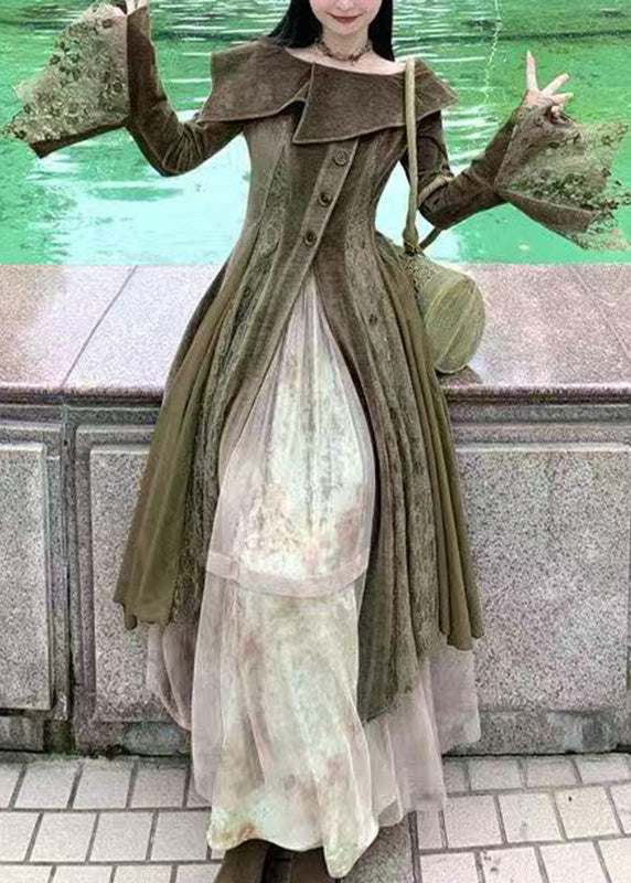 Natural Green Peter Pan Collar Lace Patchwork Long Dresses Flare Sleeve