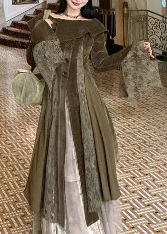 Natural Green Peter Pan Collar Lace Patchwork Long Dresses Flare Sleeve