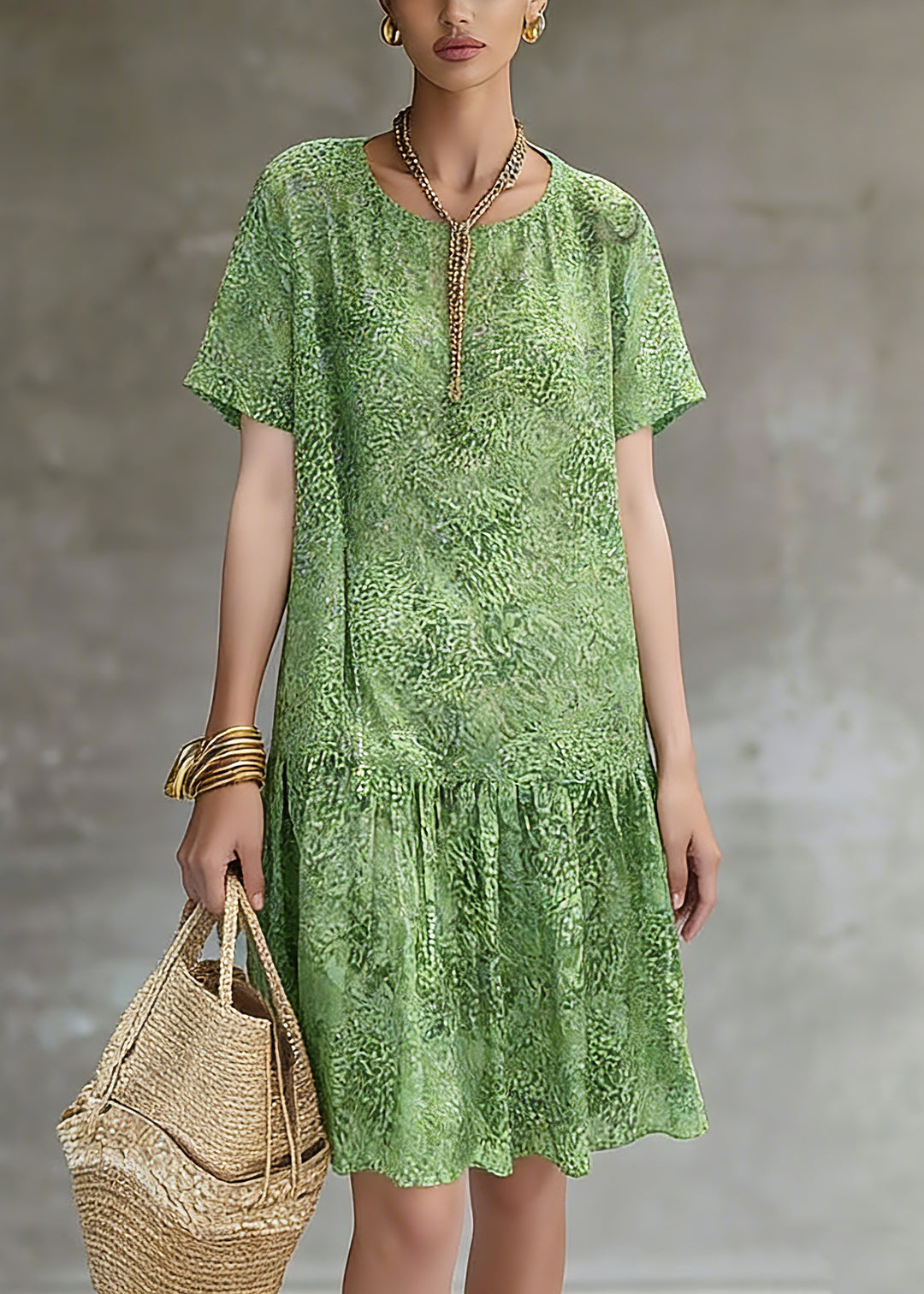 Natural Green Print Patchwork Long Dresses Short Sleeve