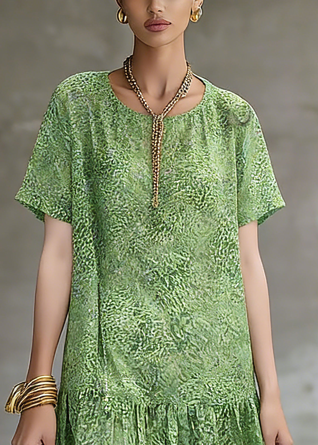 Natural Green Print Patchwork Long Dresses Short Sleeve