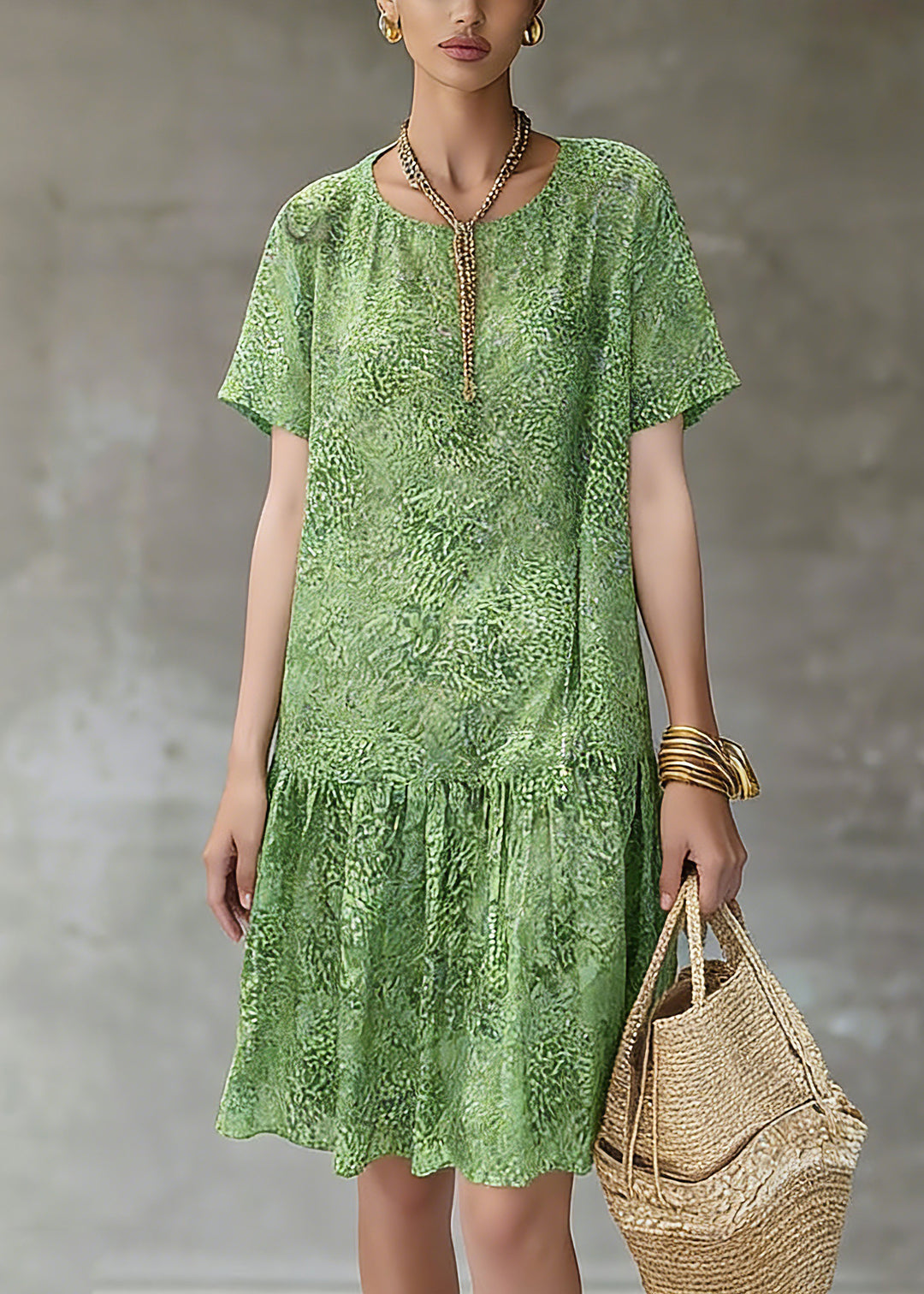 Natural Green Print Patchwork Long Dresses Short Sleeve