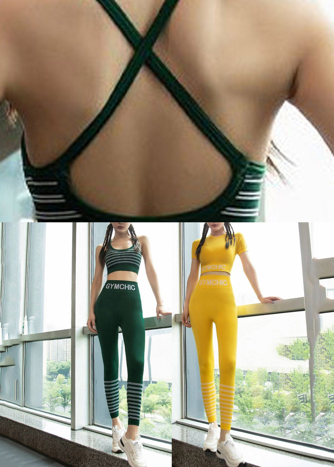 Natural Green Striped Patchwork Butt Scrunch Sports Bra And Leggings Set Suit