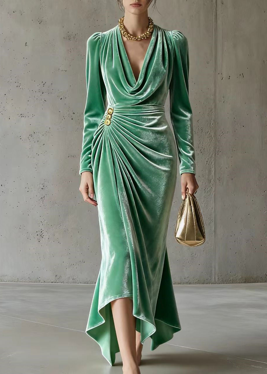Natural Green Turtle Neck Wrinkled Silk Velvet Party Dress Spring