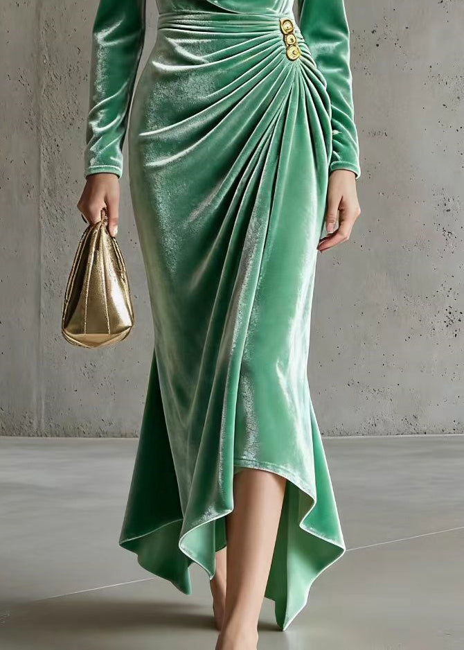 Natural Green Turtle Neck Wrinkled Silk Velvet Party Dress Spring