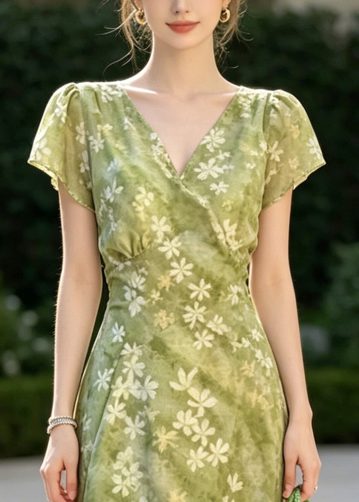 Natural Green V Neck Print Chiffon Vacation Dresses Summer