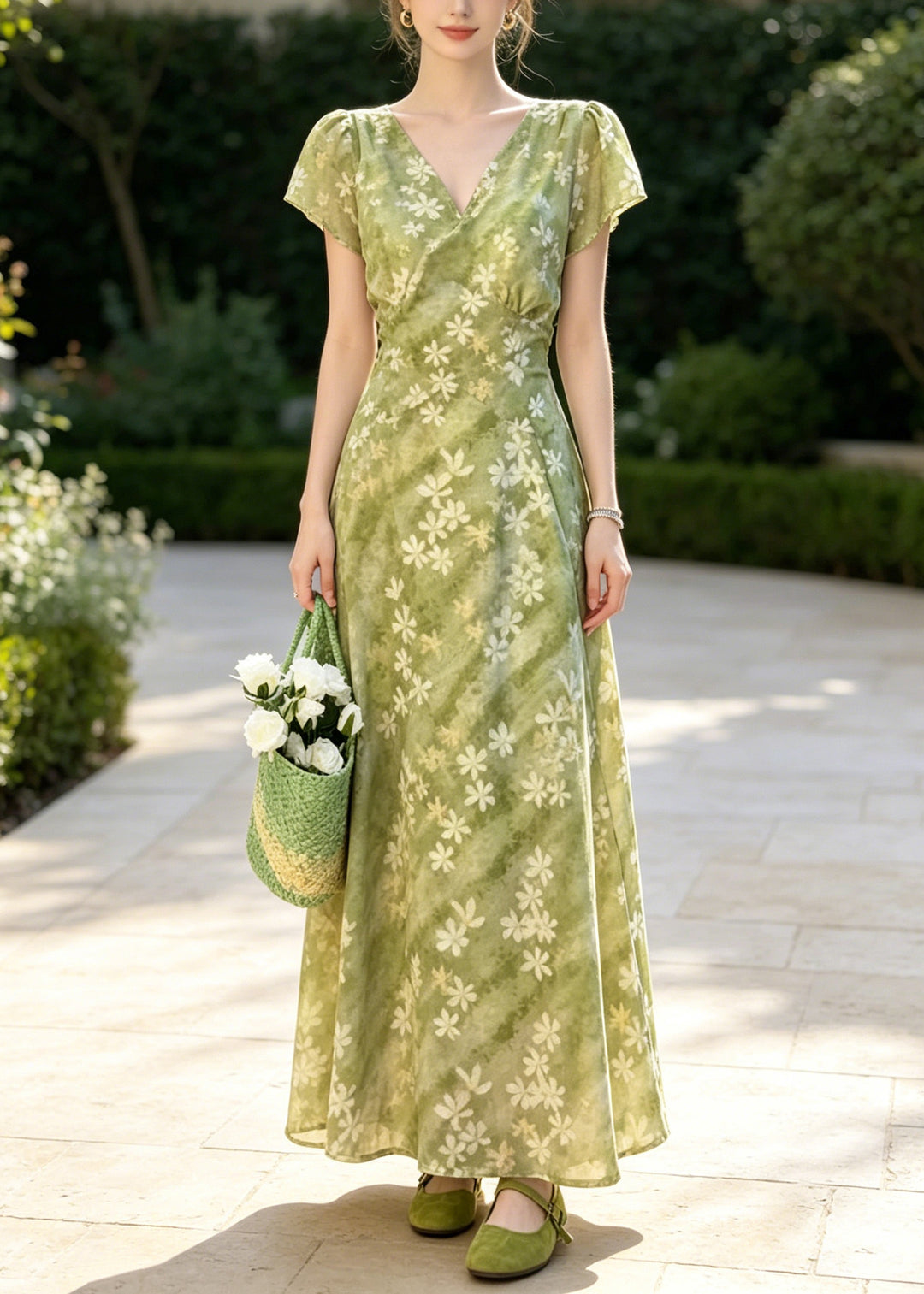 Natural Green V Neck Print Chiffon Vacation Dresses Summer