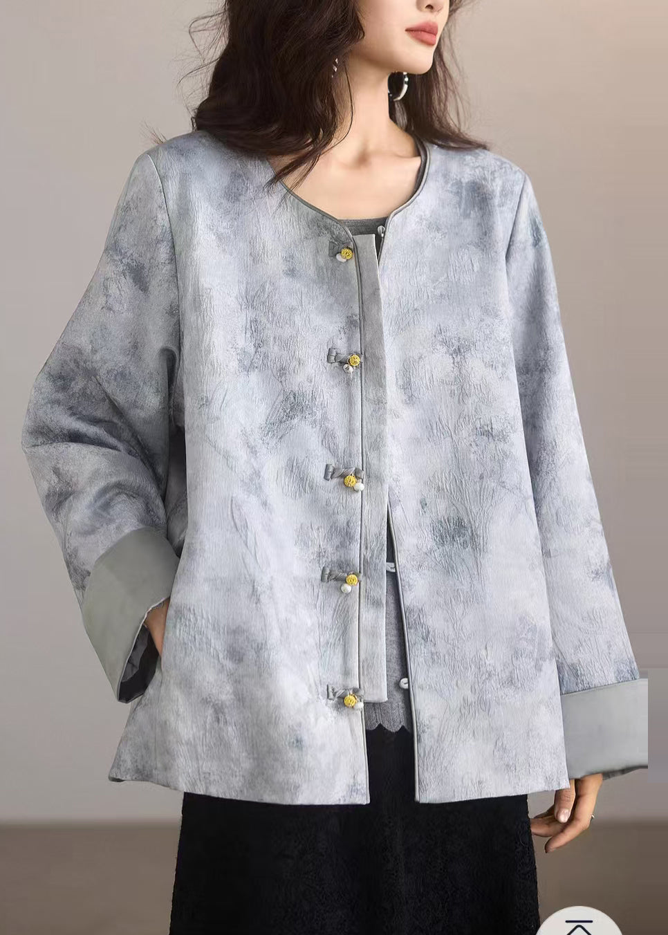 Natural Grey Jacquard Chinese Button Silk Coat Outwear Spring