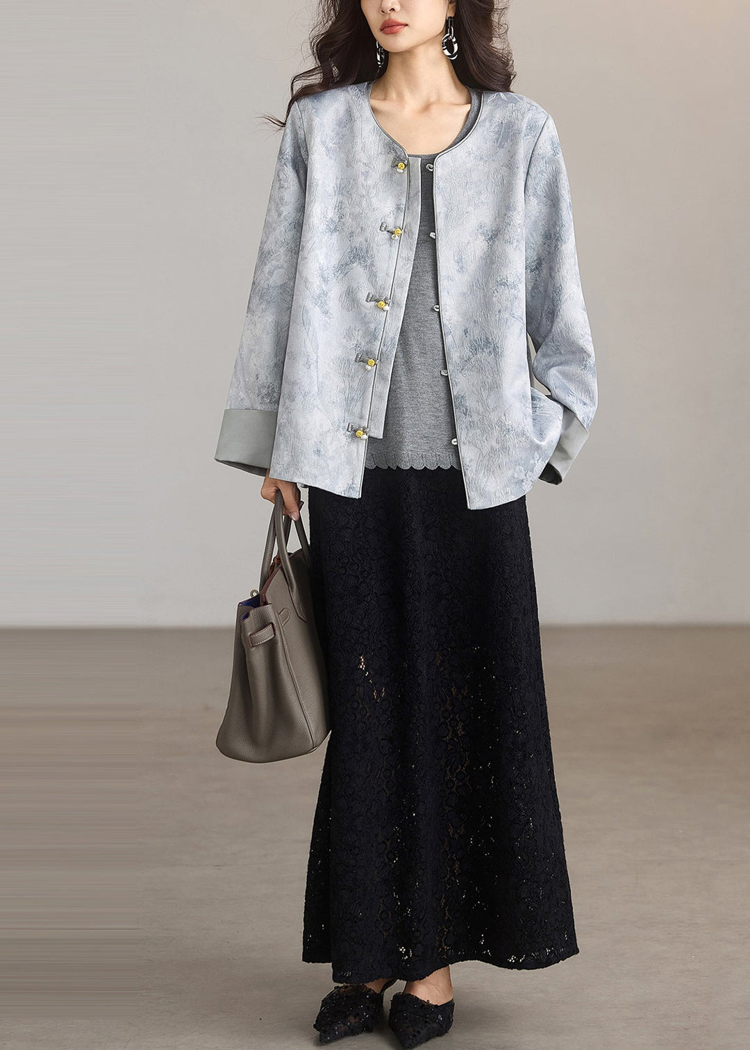 Natural Grey Jacquard Chinese Button Silk Coat Outwear Spring