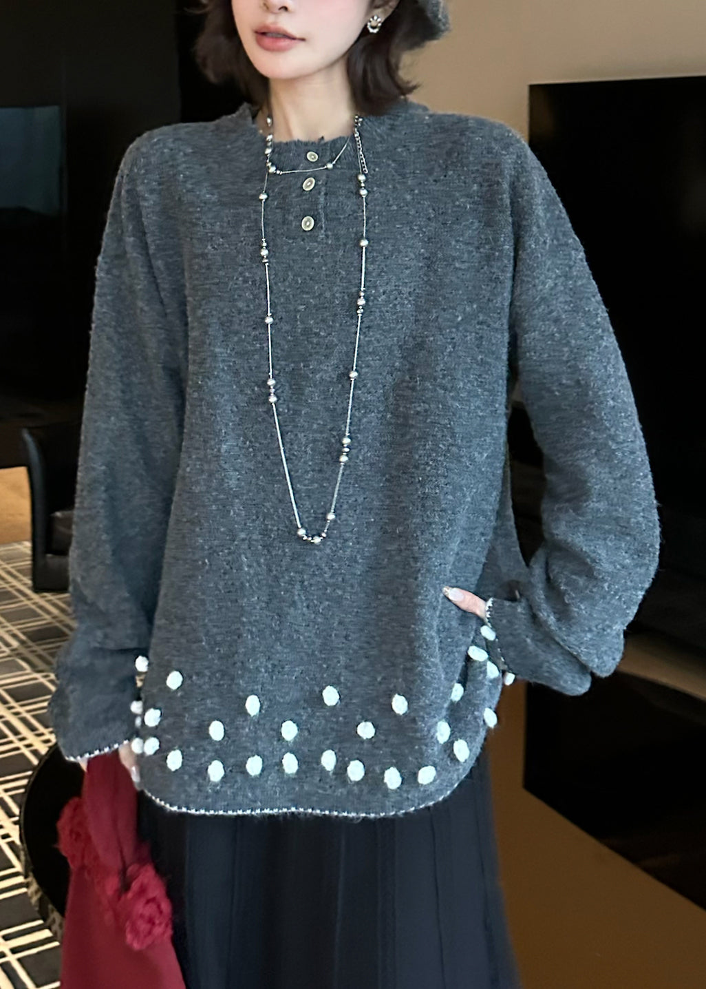 Natural Grey O-Neck Cozy Cotton Knit Sweater Tops Fall