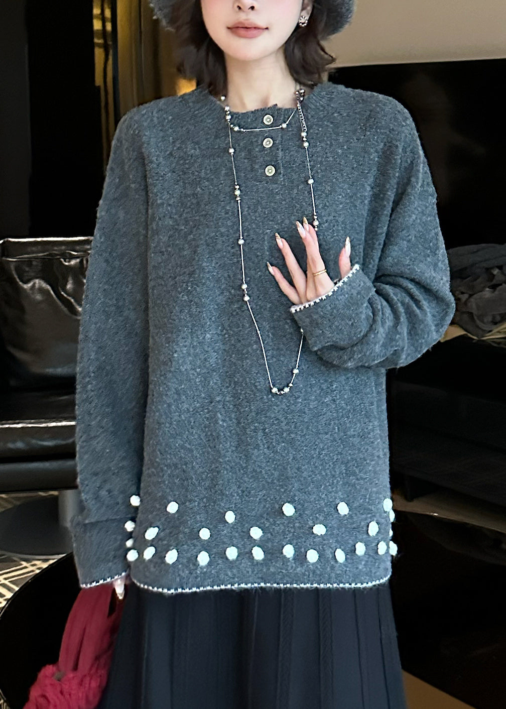 Natural Grey O-Neck Cozy Cotton Knit Sweater Tops Fall