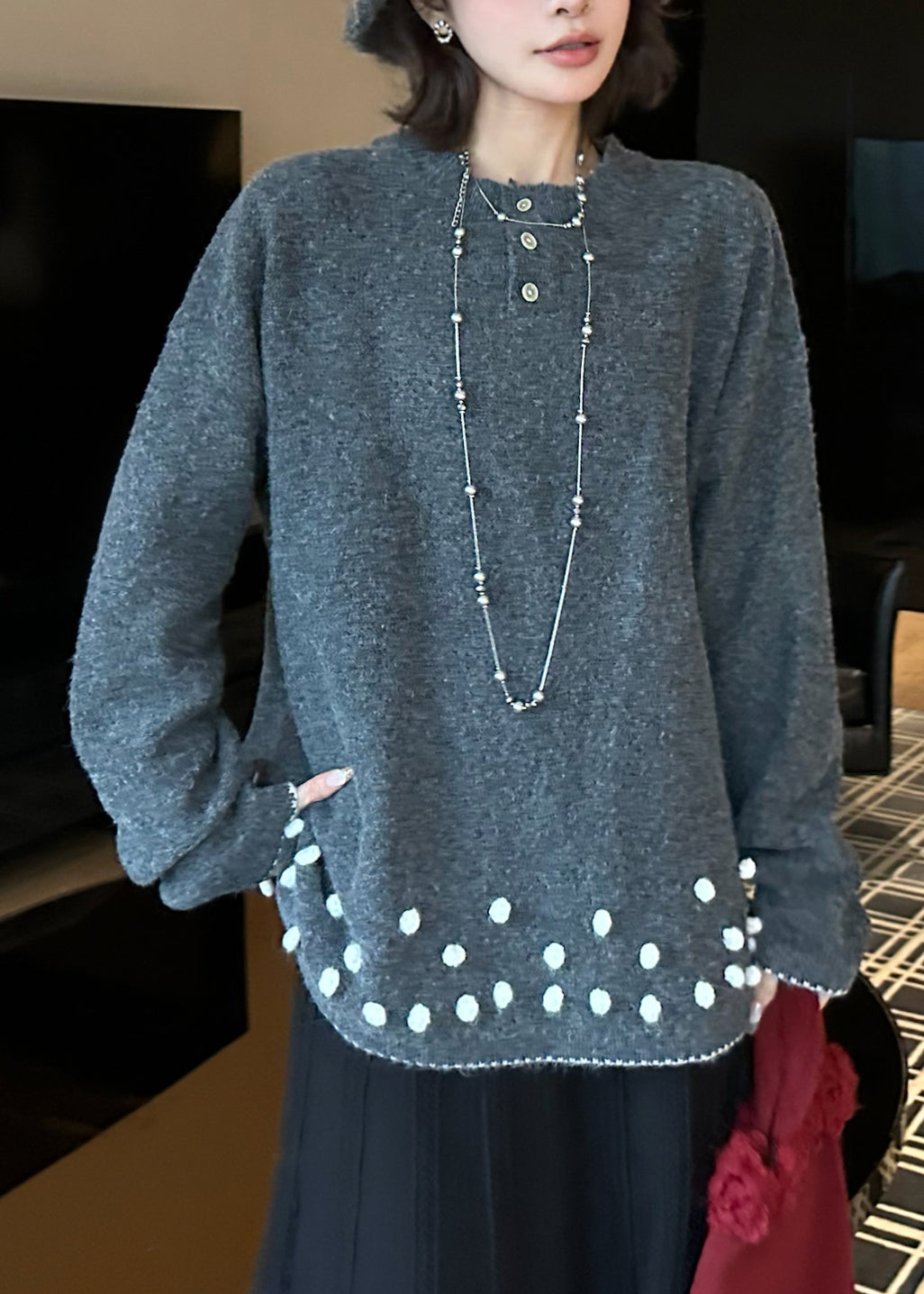 Natural Grey O-Neck Cozy Cotton Knit Sweater Tops Fall