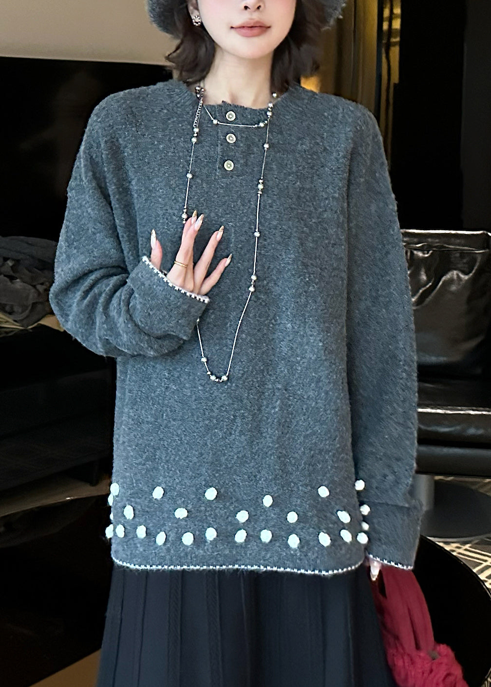 Natural Grey O-Neck Cozy Cotton Knit Sweater Tops Fall