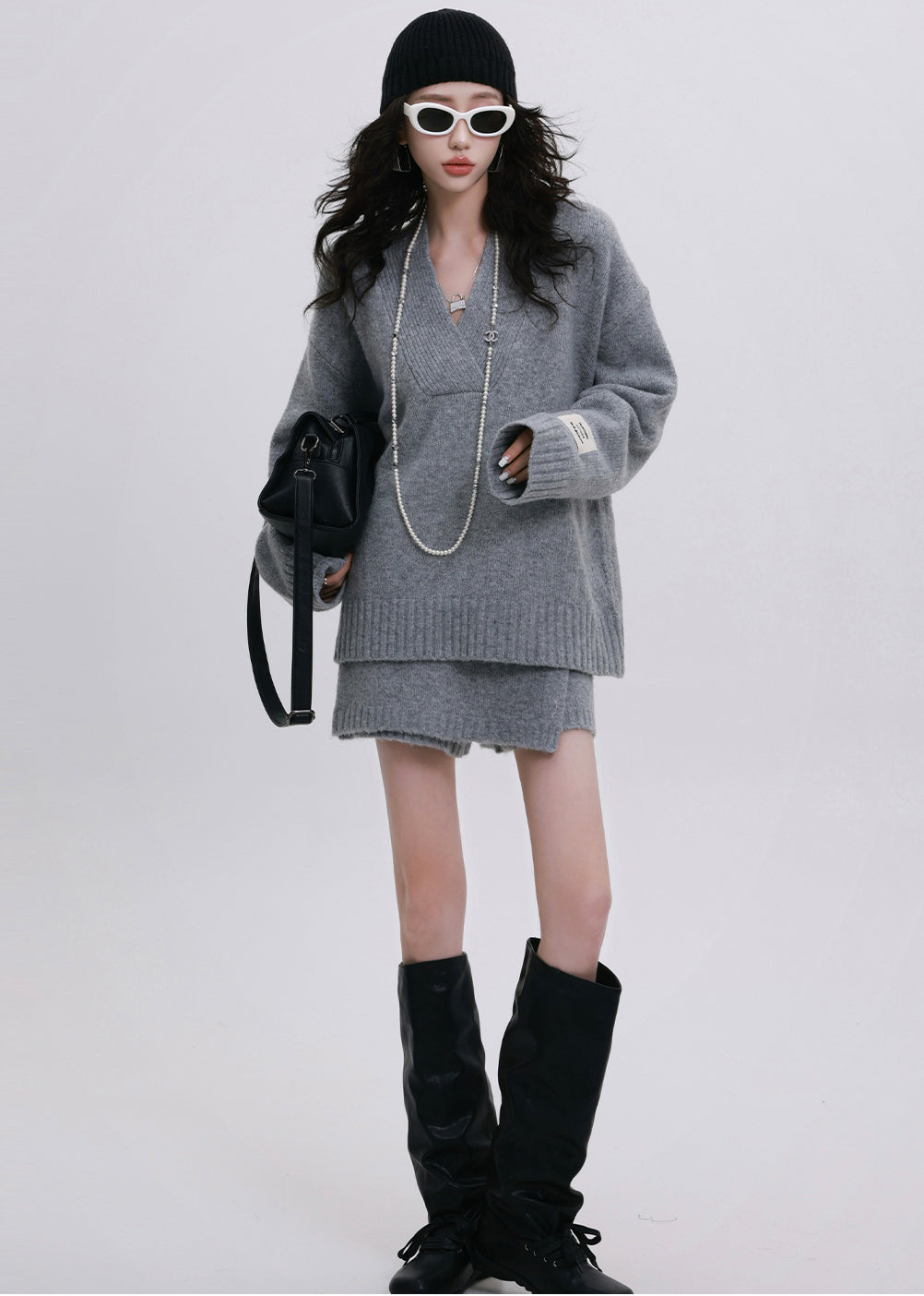 Natural Grey Oversized Warm Knit Sweater And Skirt Two-Piece Set Winter