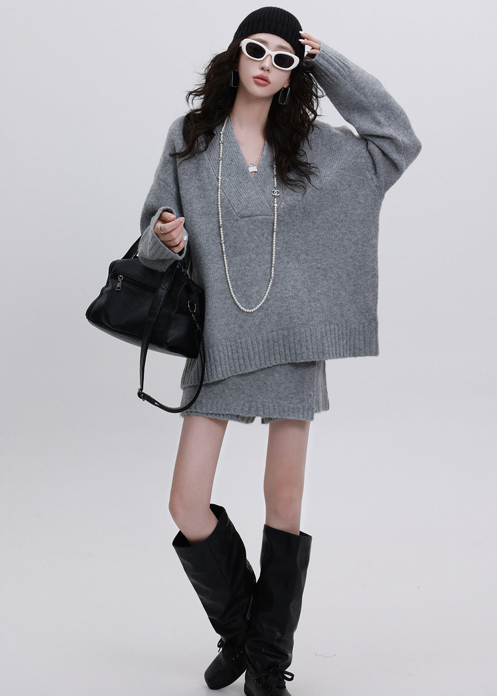 Natural Grey Oversized Warm Knit Sweater And Skirt Two-Piece Set Winter