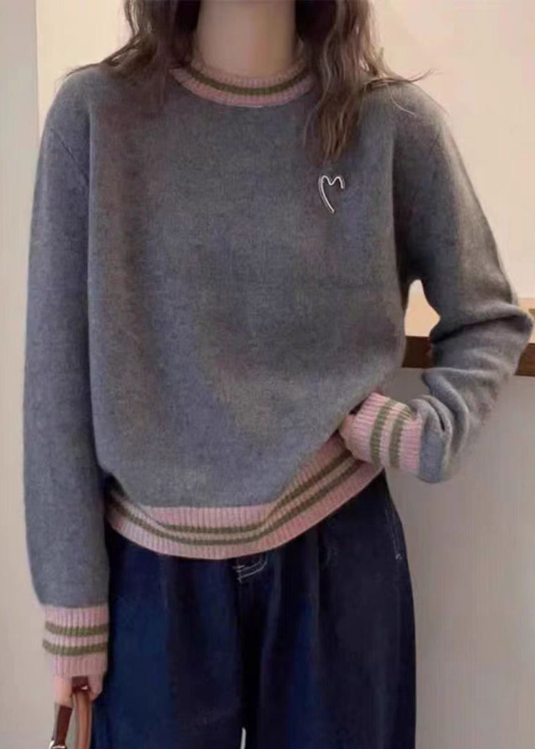 Natural Grey Patchwork Graphic Brooch Cotton Knit Sweater Spring