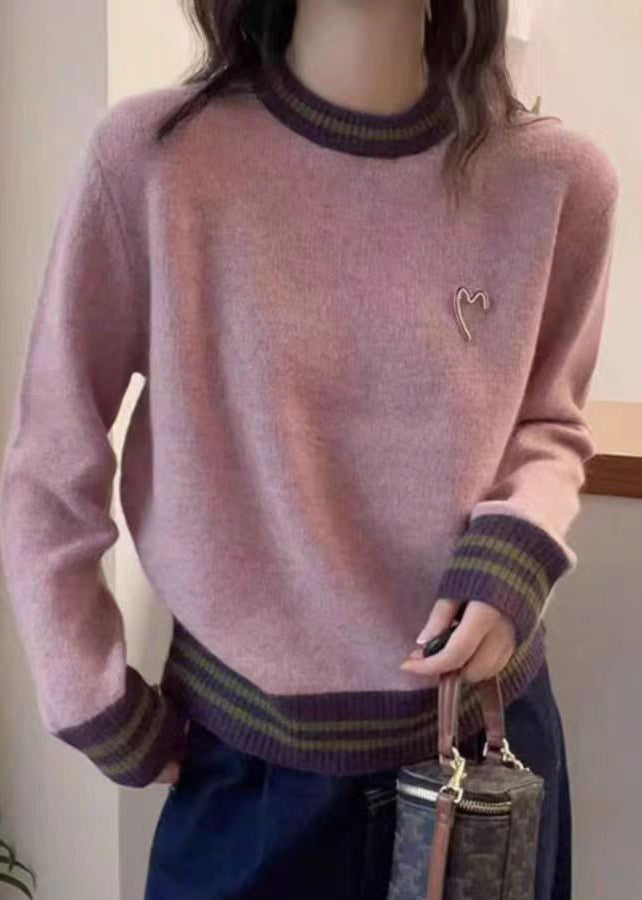 Natural Grey Patchwork Graphic Brooch Cotton Knit Sweater Spring