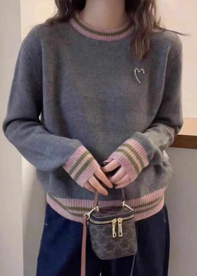 Natural Grey Patchwork Graphic Brooch Cotton Knit Sweater Spring