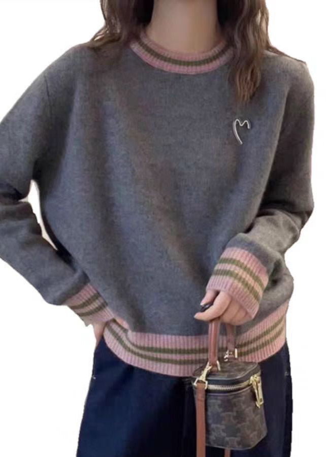 Natural Grey Patchwork Graphic Brooch Cotton Knit Sweater Spring