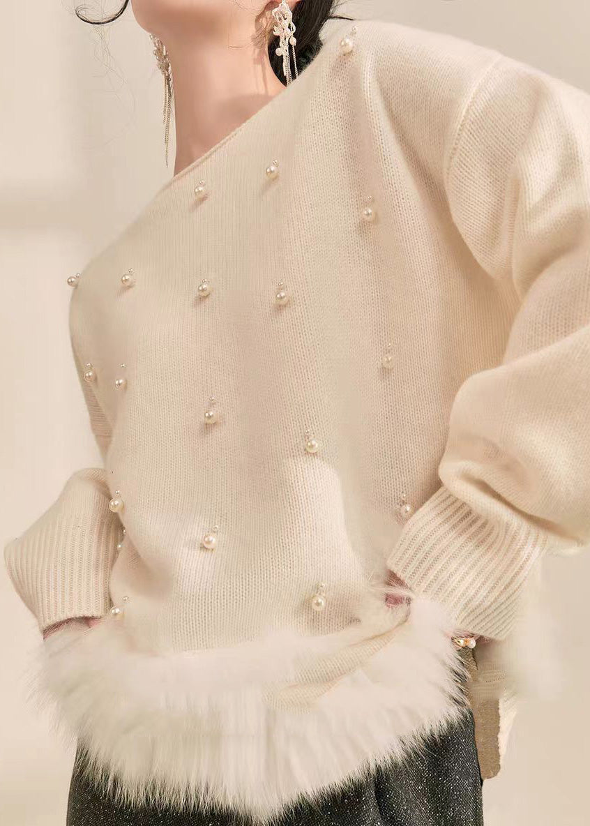 Natural Grey Patchwork Nail Bead Fuzzy Fur Fluffy Cotton Knit Sweater Fall