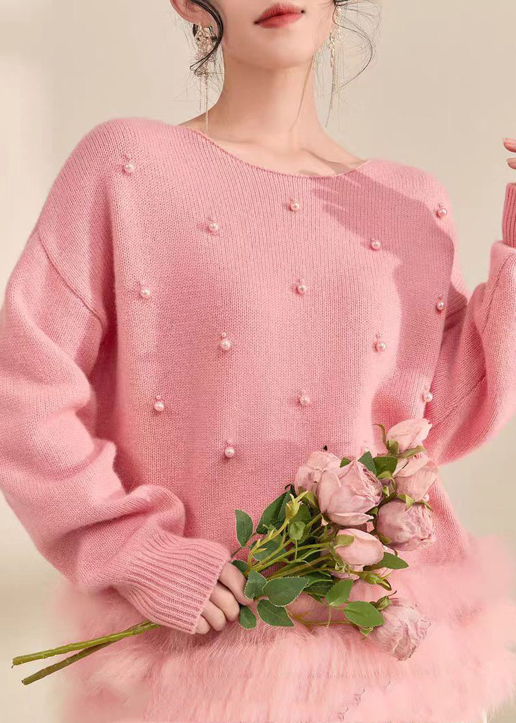 Natural Grey Patchwork Nail Bead Fuzzy Fur Fluffy Cotton Knit Sweater Fall