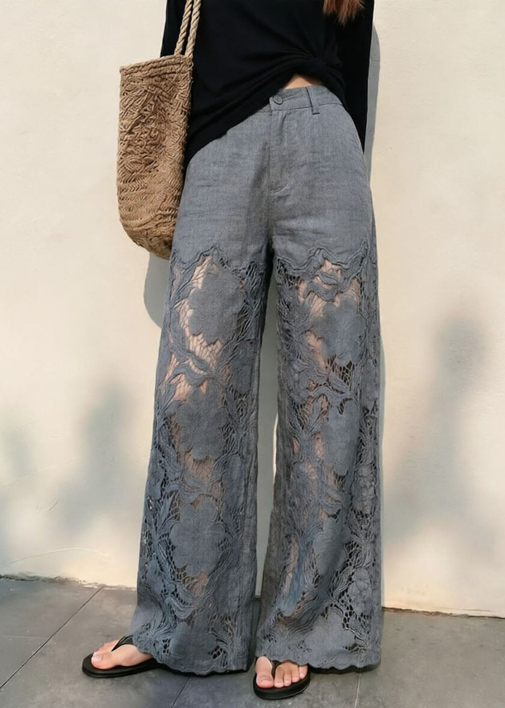 Natural Grey Pockets High Waist Hollow Out Wide Leg Pants