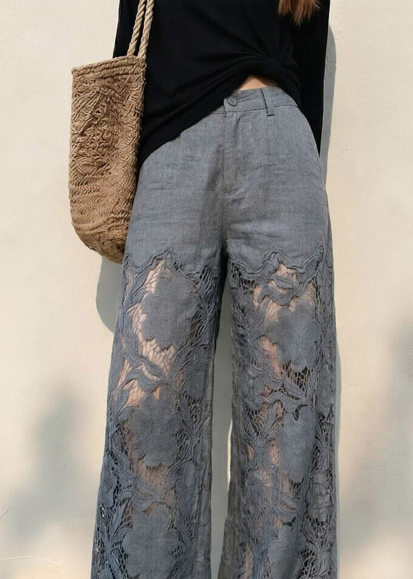 Natural Grey Pockets High Waist Hollow Out Wide Leg Pants