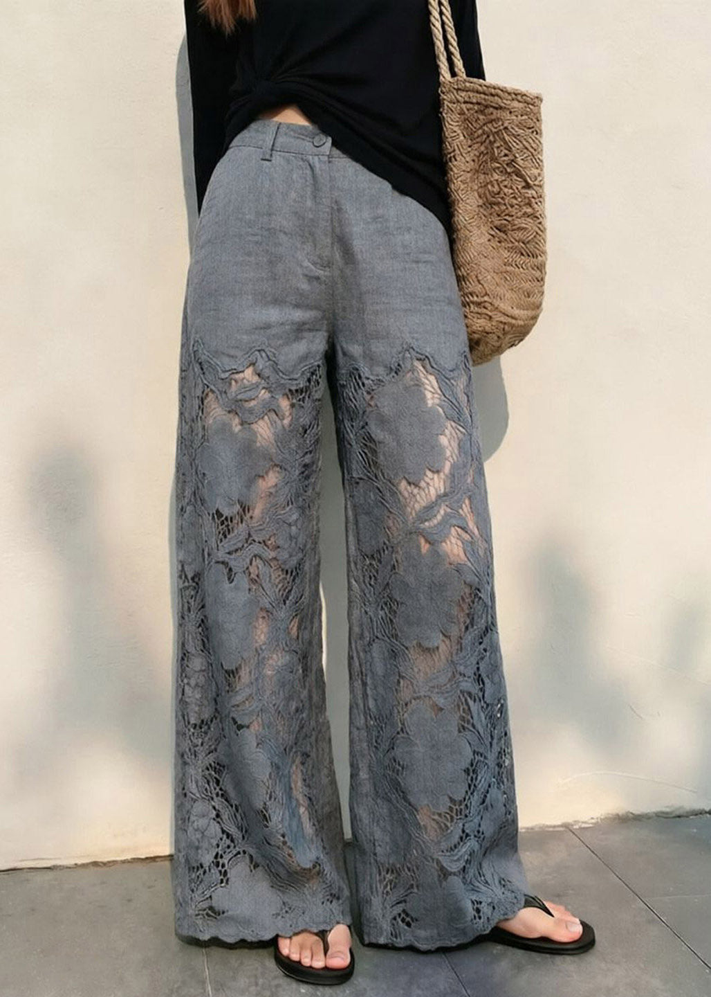 Natural Grey Pockets High Waist Hollow Out Wide Leg Pants