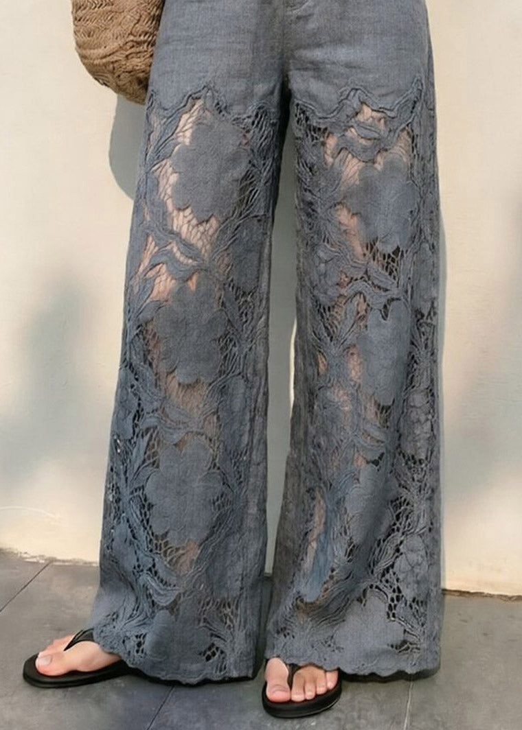 Natural Grey Pockets High Waist Hollow Out Wide Leg Pants
