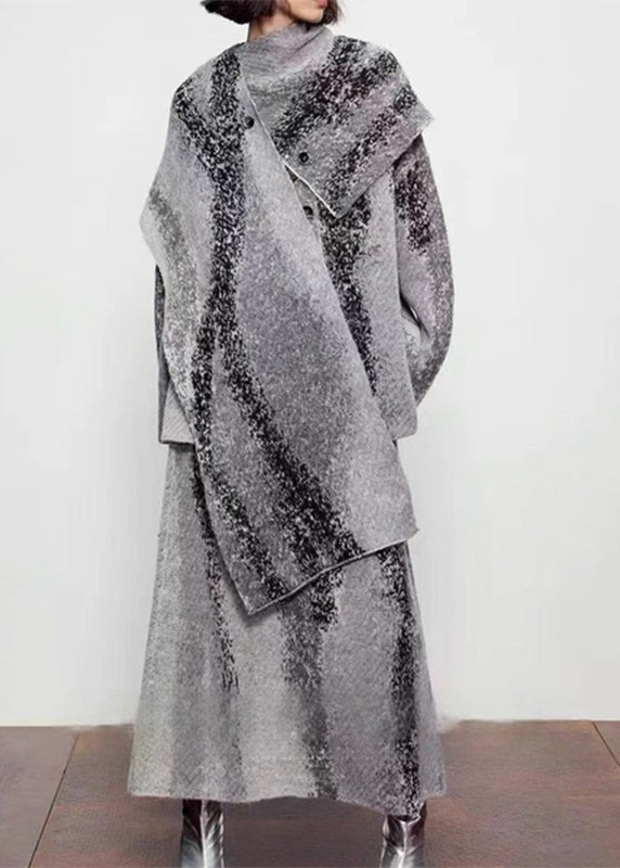 Natural Grey Print Wool Cardigan ,Scarf And Maxi Skirts Three Piece Set Spring