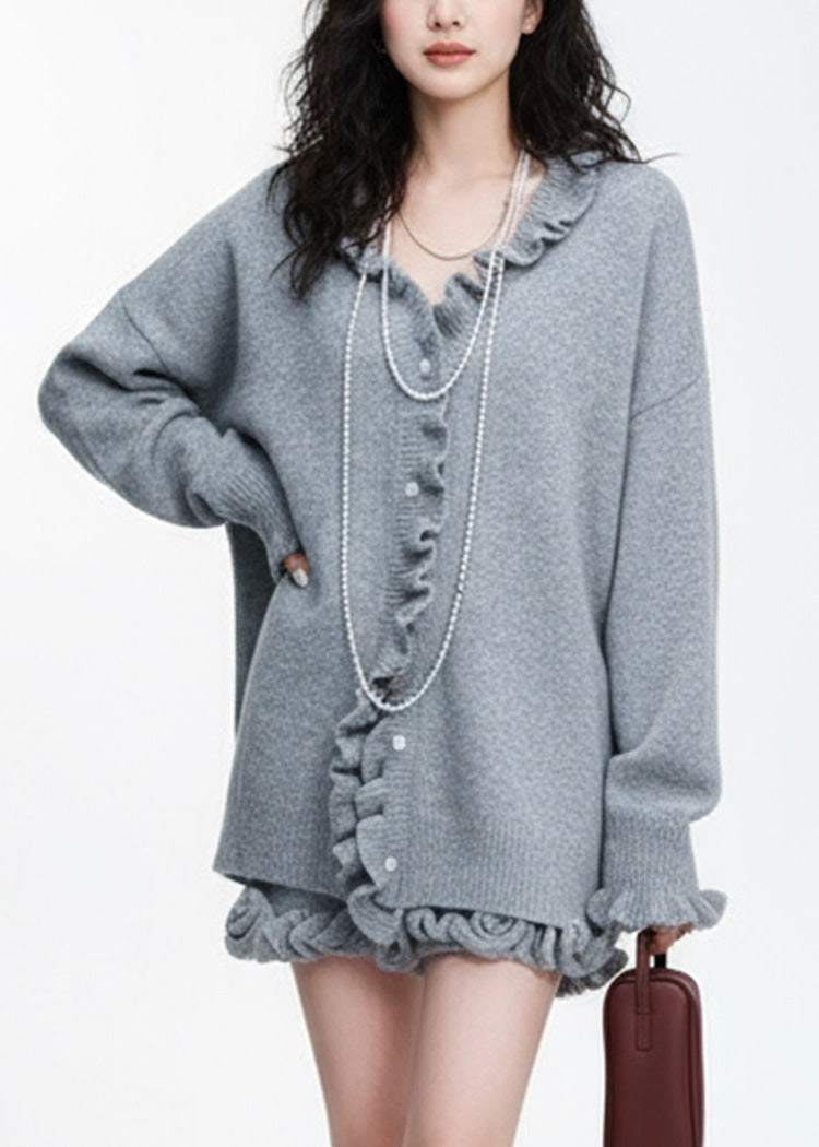 Natural Grey Ruffled Patchwork Cotton Knit Cardigans And Skirts Two Piece Set Lantern Sleeve
