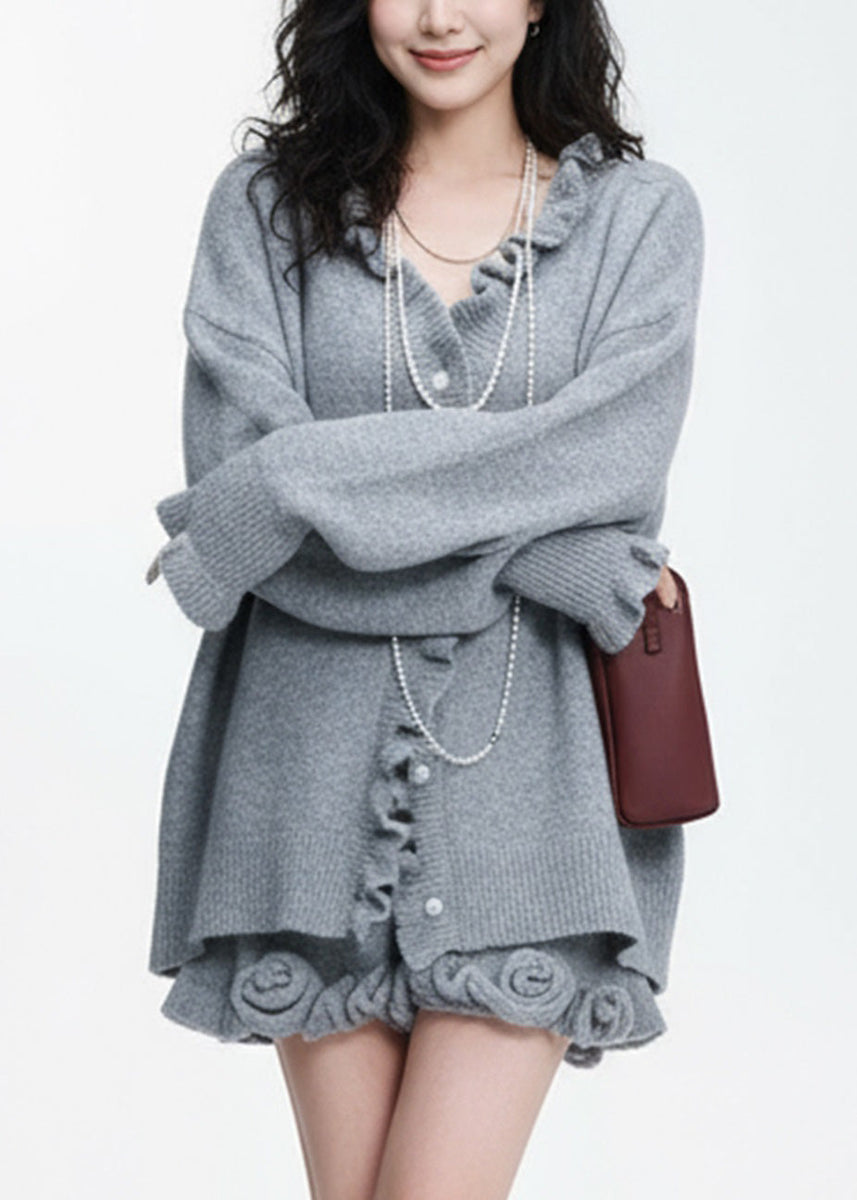 Natural Grey Ruffled Patchwork Cotton Knit Cardigans And Skirts Two ...