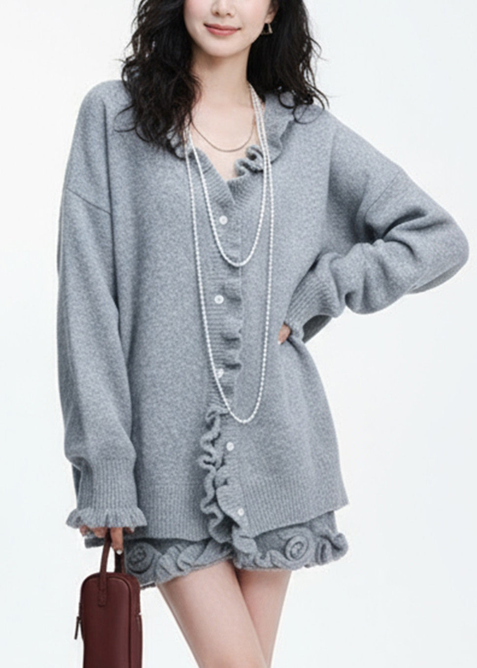 Natural Grey Ruffled Patchwork Cotton Knit Cardigans And Skirts Two Piece Set Lantern Sleeve