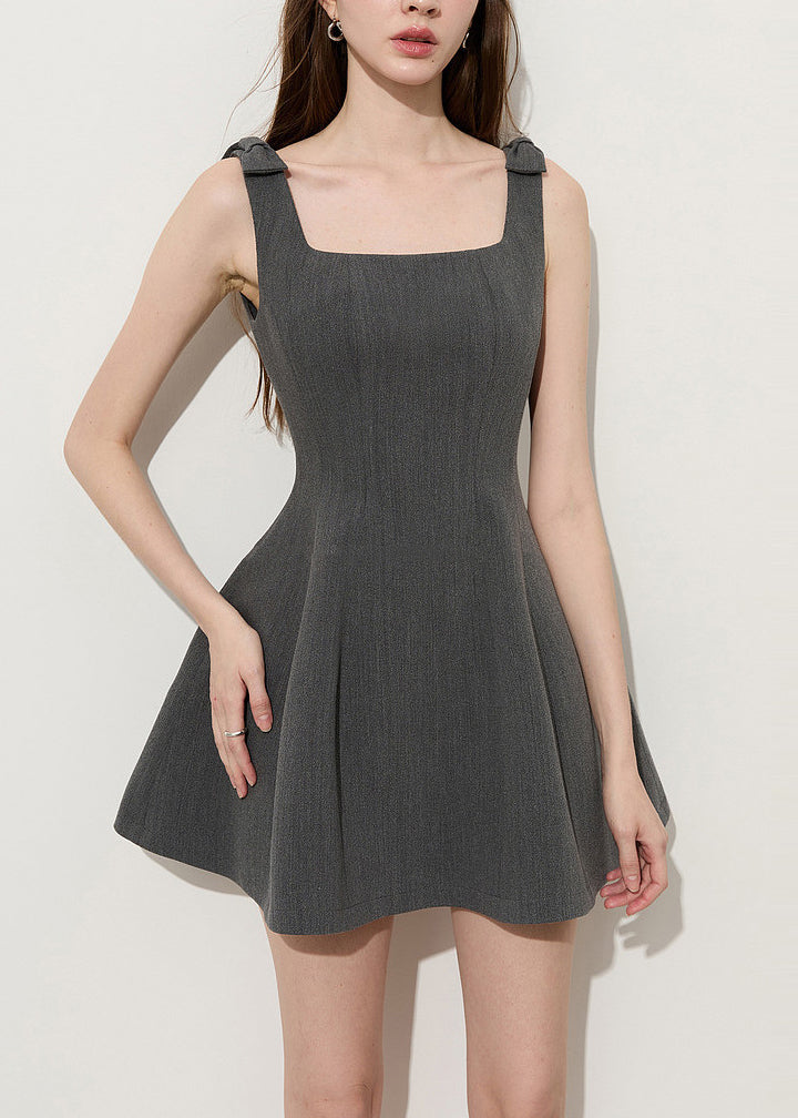Natural Grey Square Collar Bow Cotton Mini Dress Summer