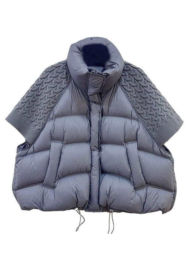 Natural Grey Stand Collar Patchwork Knit Puffers Vests Short Sleeve