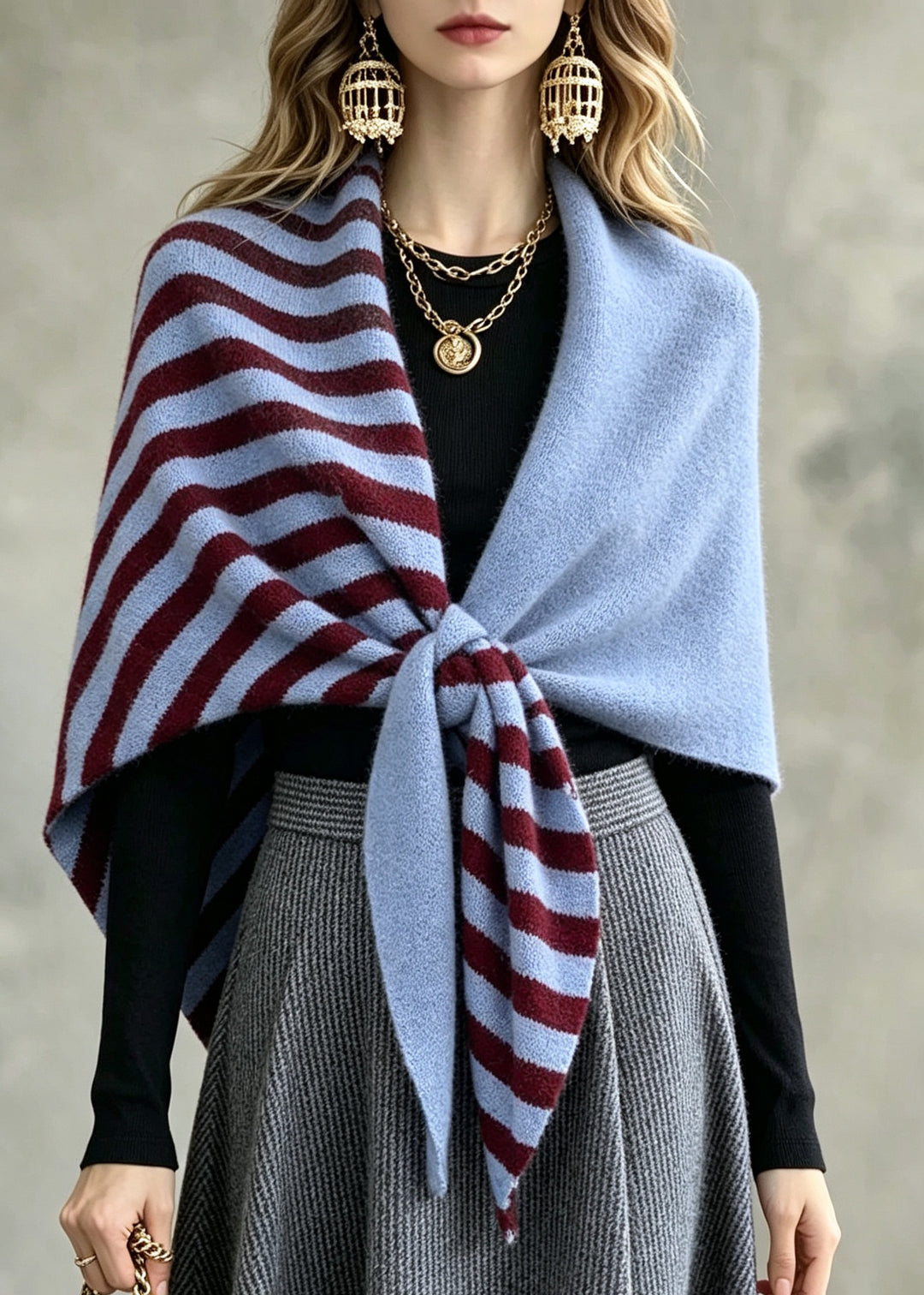 Natural Grey Striped Patchwork Wool Cape Fall