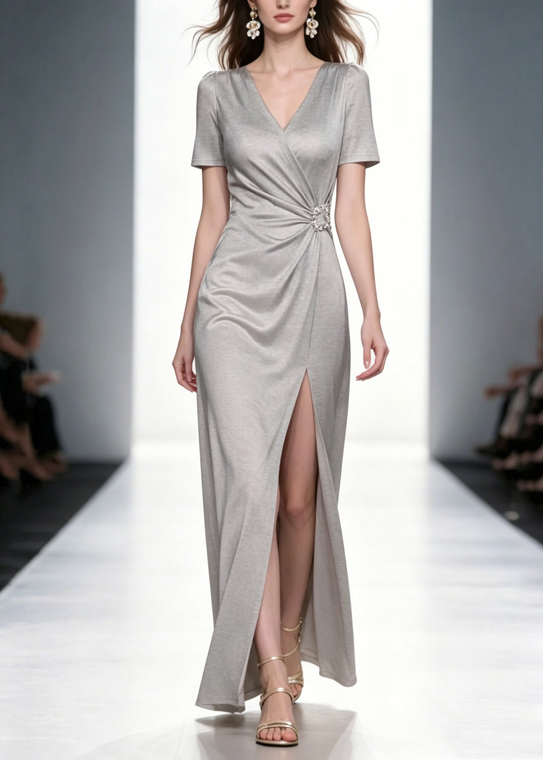 Natural Grey V Neck Wrinkled Solid Long Dresses Summer
