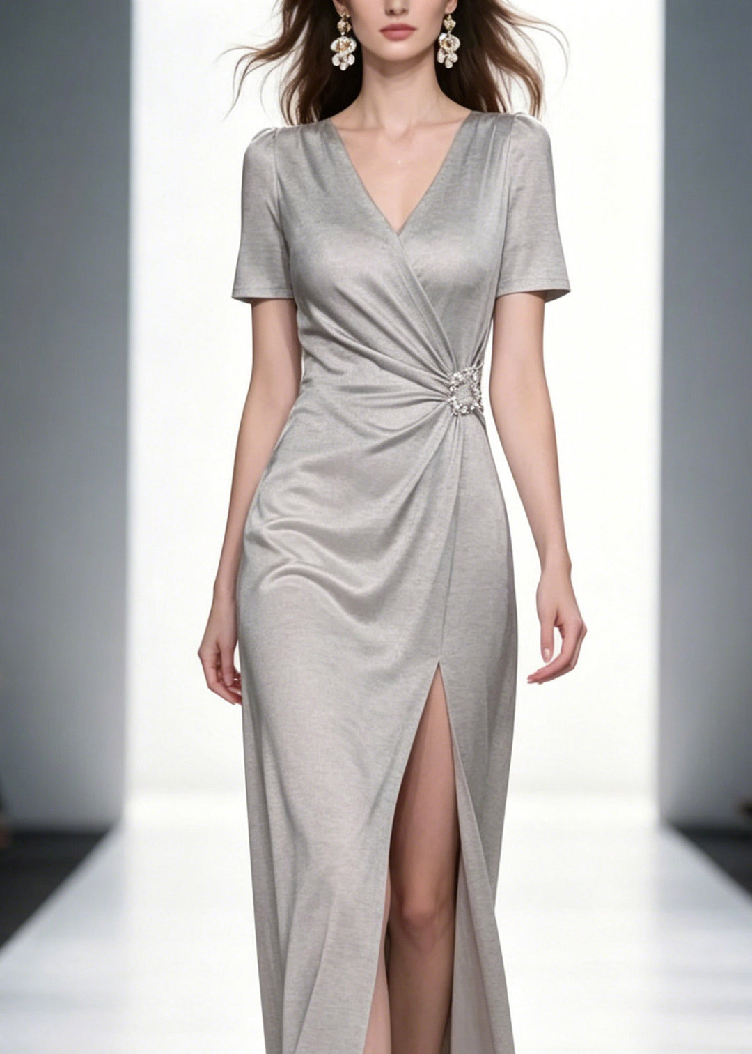 Natural Grey V Neck Wrinkled Solid Long Dresses Summer