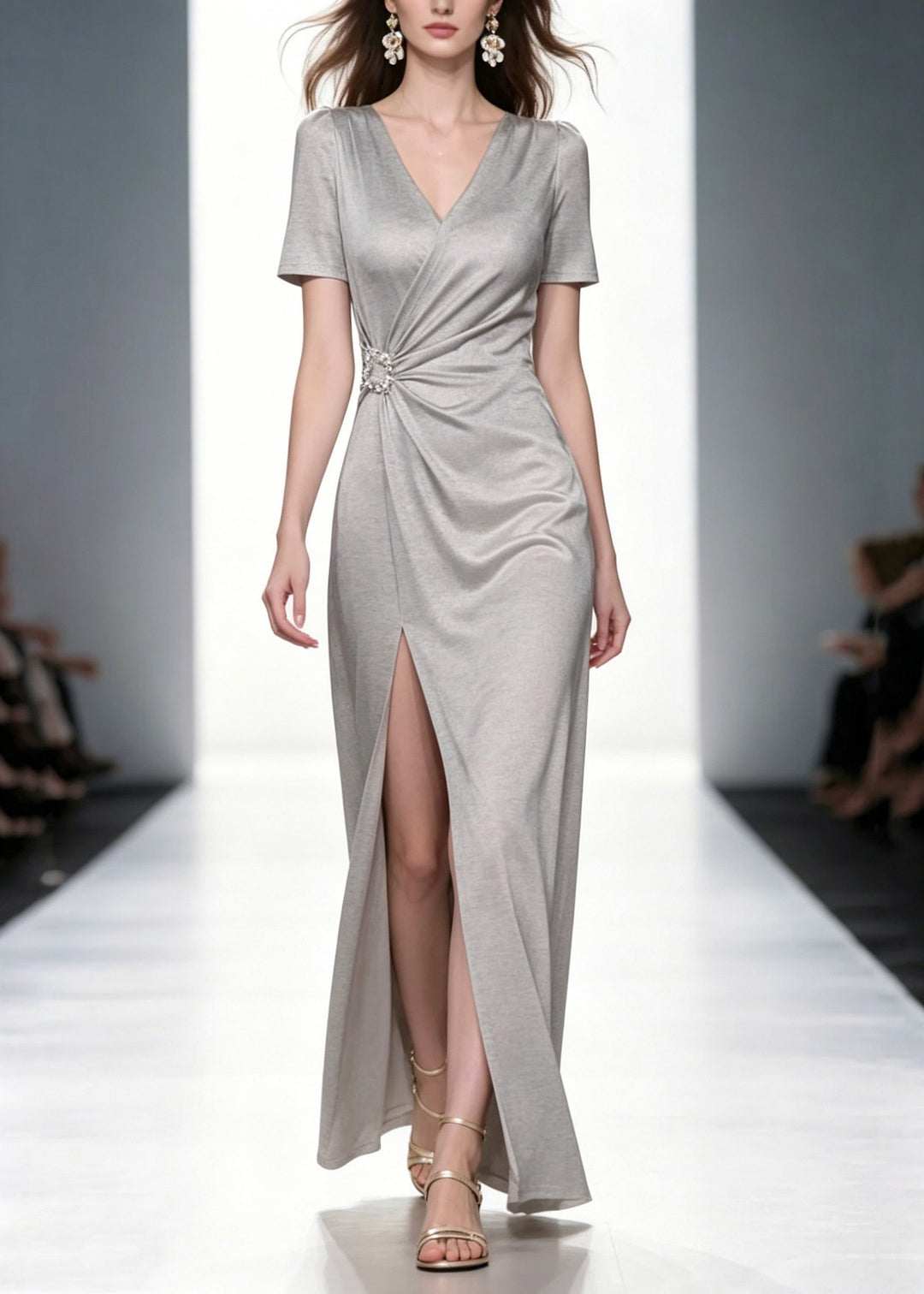 Natural Grey V Neck Wrinkled Solid Long Dresses Summer