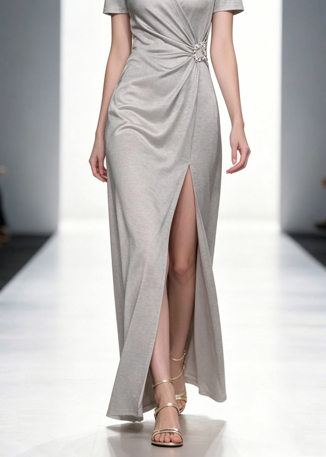 Natural Grey V Neck Wrinkled Solid Long Dresses Summer