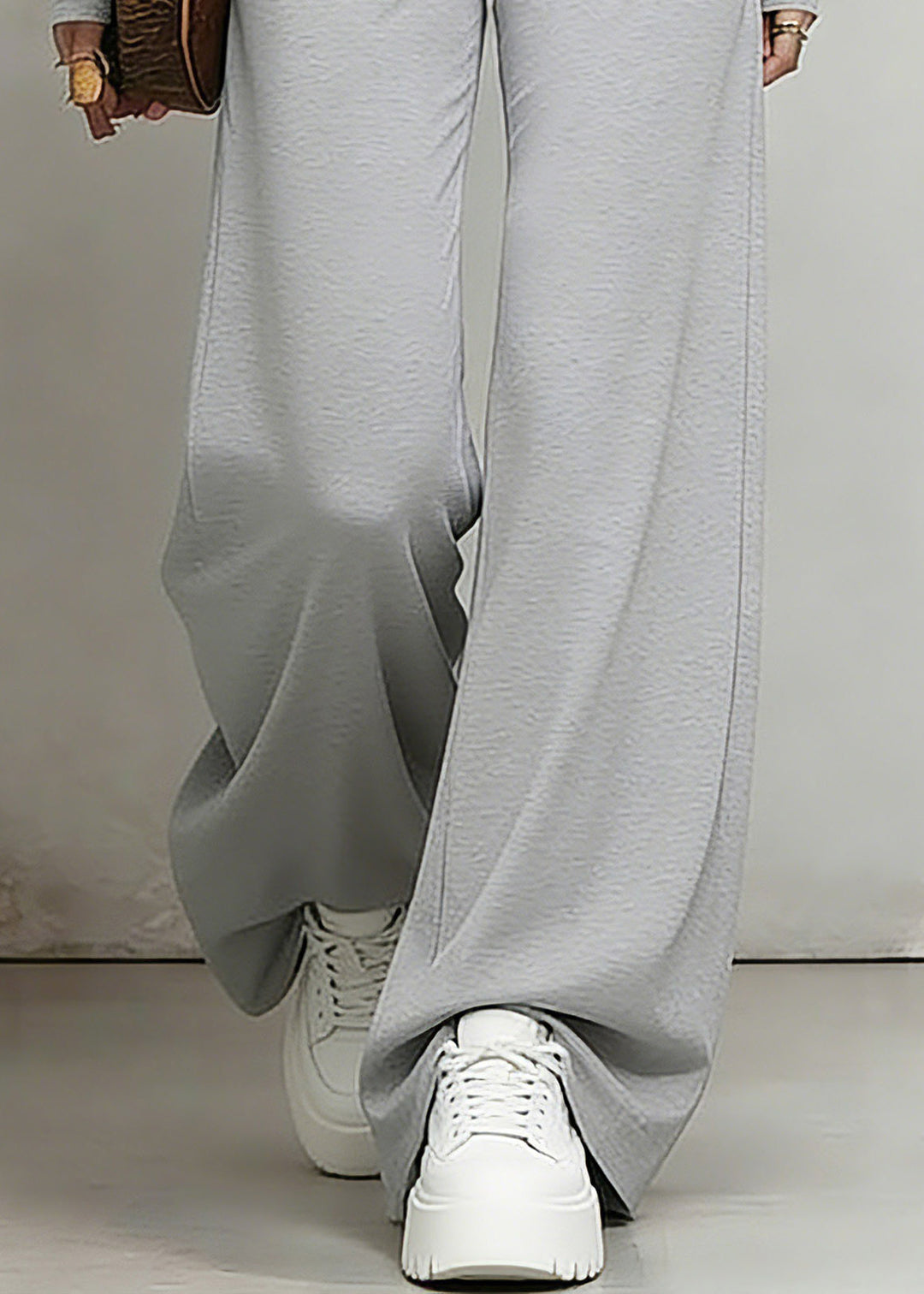 Natural Grey Wrinkled High Waist Wide Leg Pants Summer