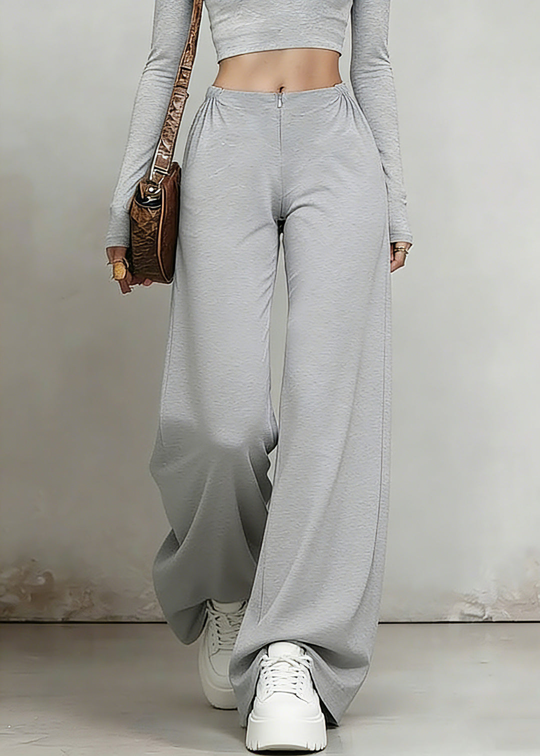 Natural Grey Wrinkled High Waist Wide Leg Pants Summer