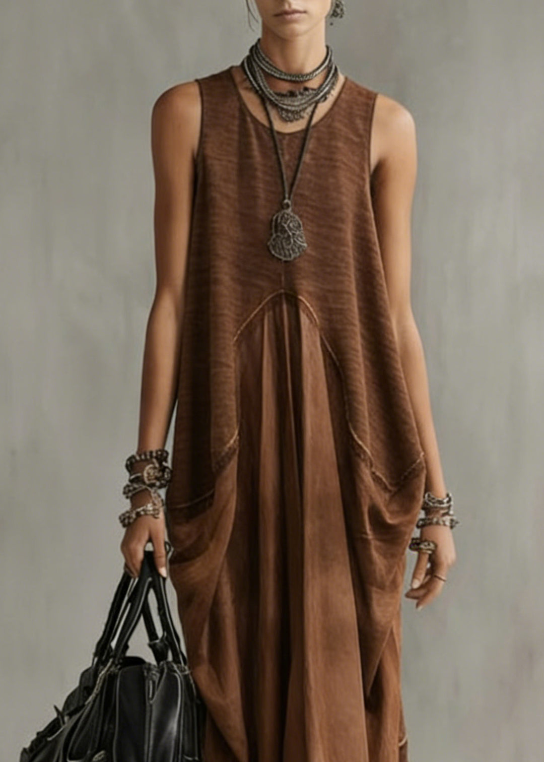 Natural Khaki O-Neck Patchwork Solid Long Dress Summer - Omychic