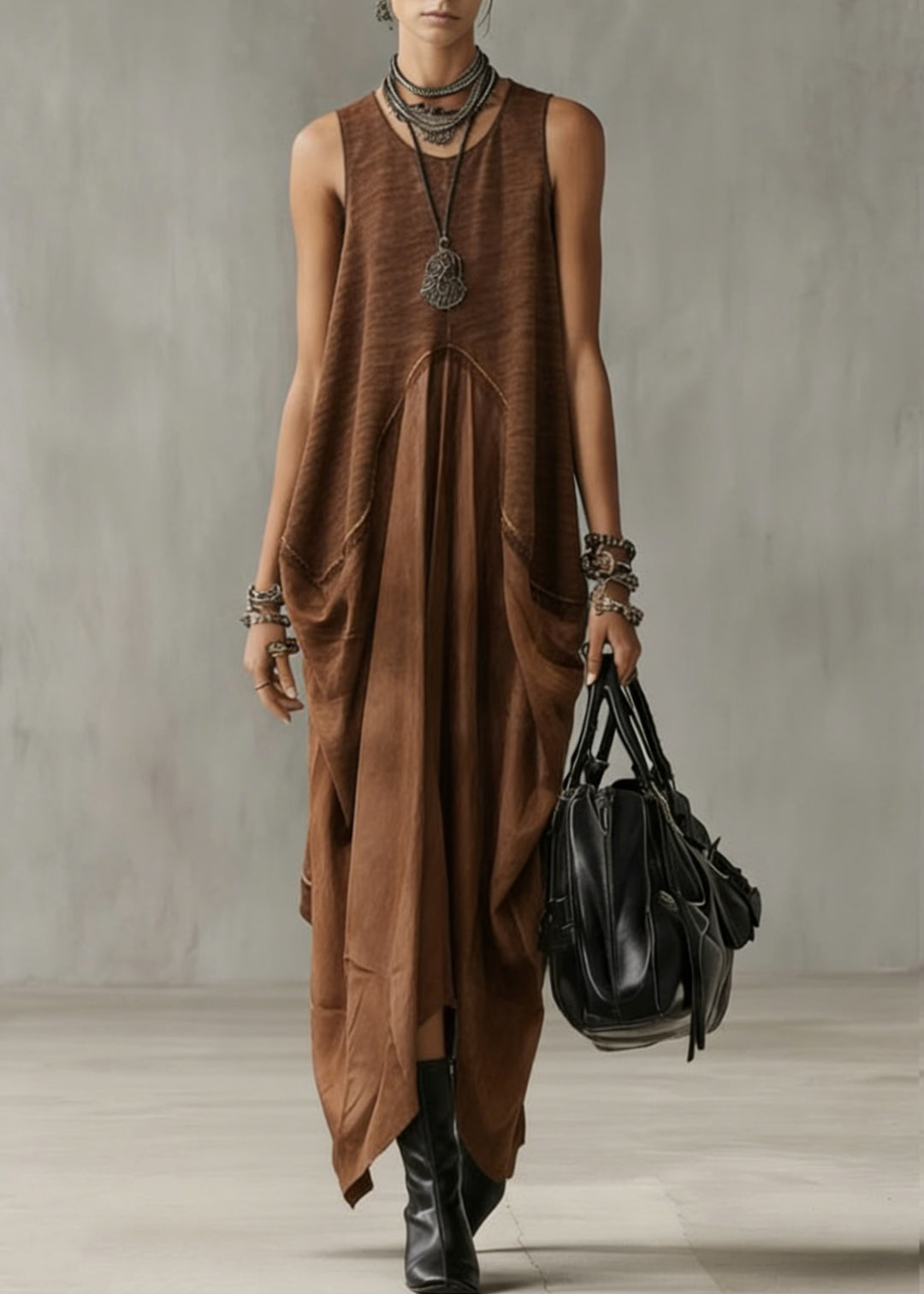 Natural Khaki O-Neck Patchwork Solid Long Dress Summer - Omychic